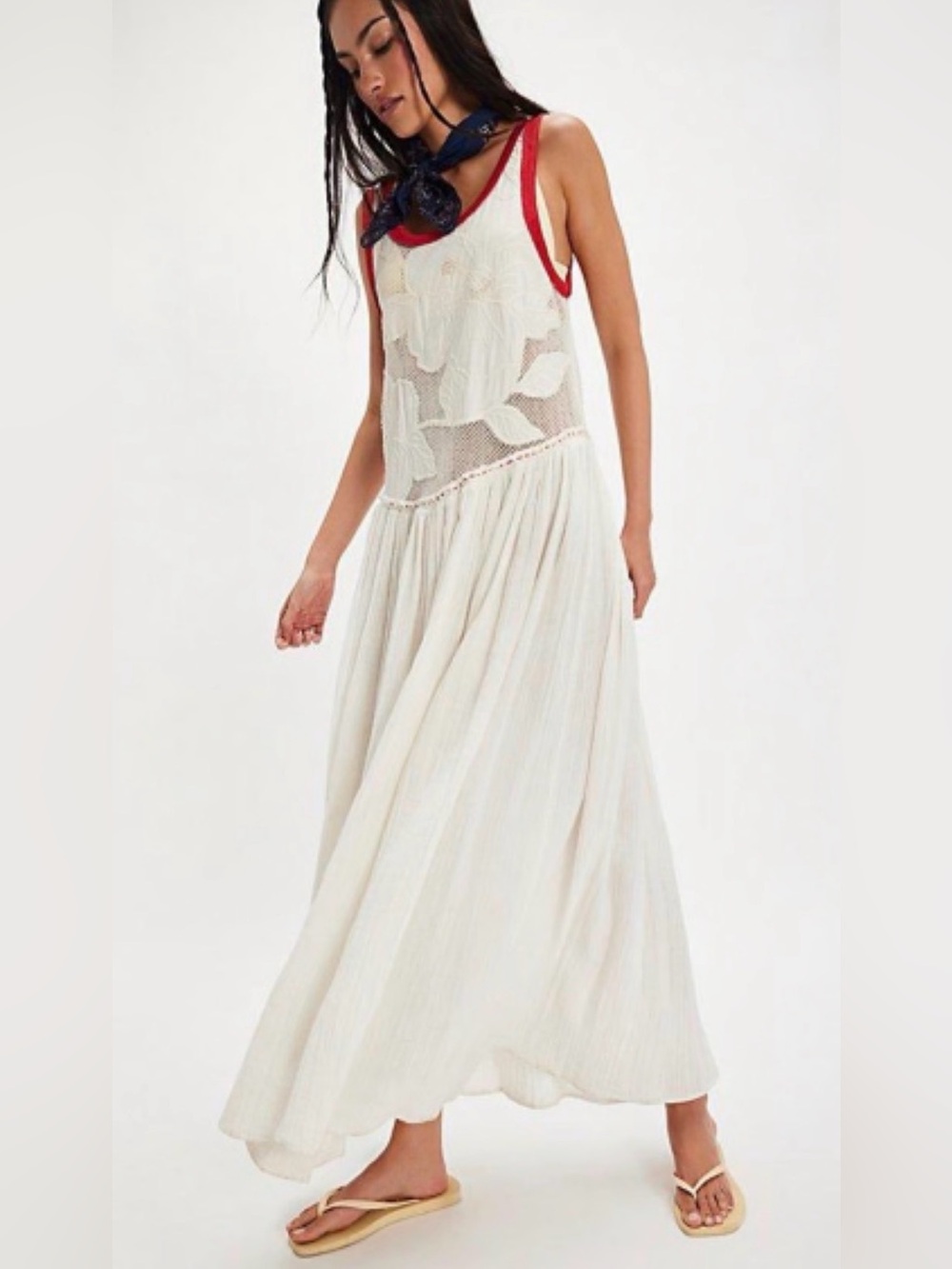NWT Free People Pearl Floral Maxi Dress Size XL Drop waist ivory red embroidered